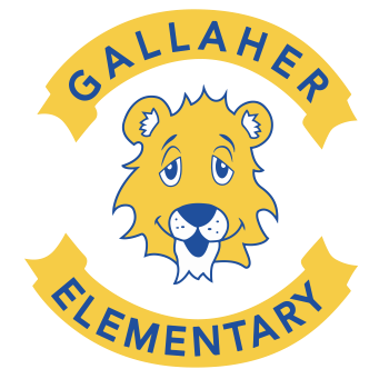 White background with yellow half circle words in blue Gallaher Elementary. Centered yellow & blue panther.